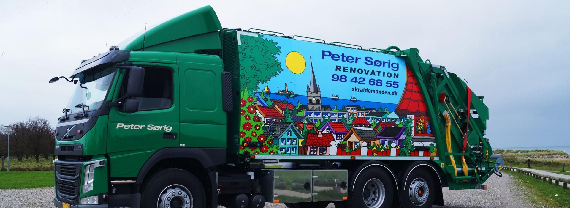 Peter Sørigs grønne renovationsbil med den farverige bymotiv-dekoration